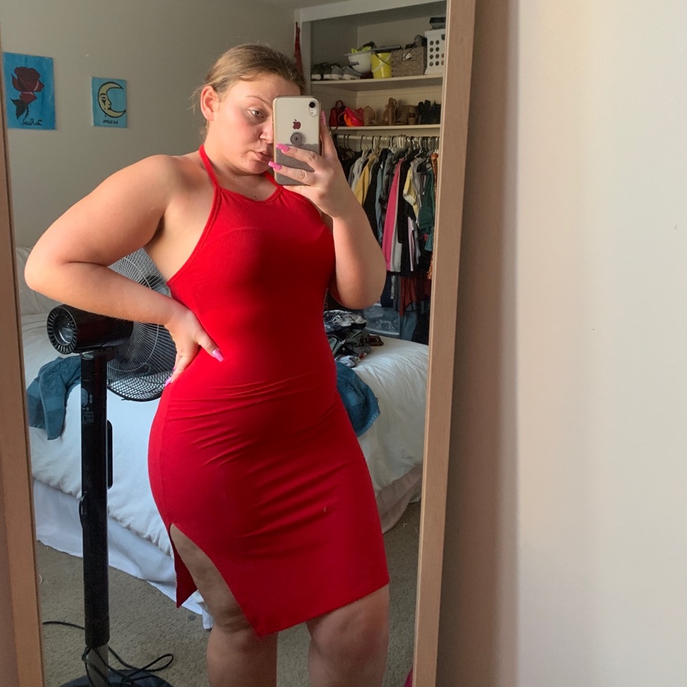 Red halter dress